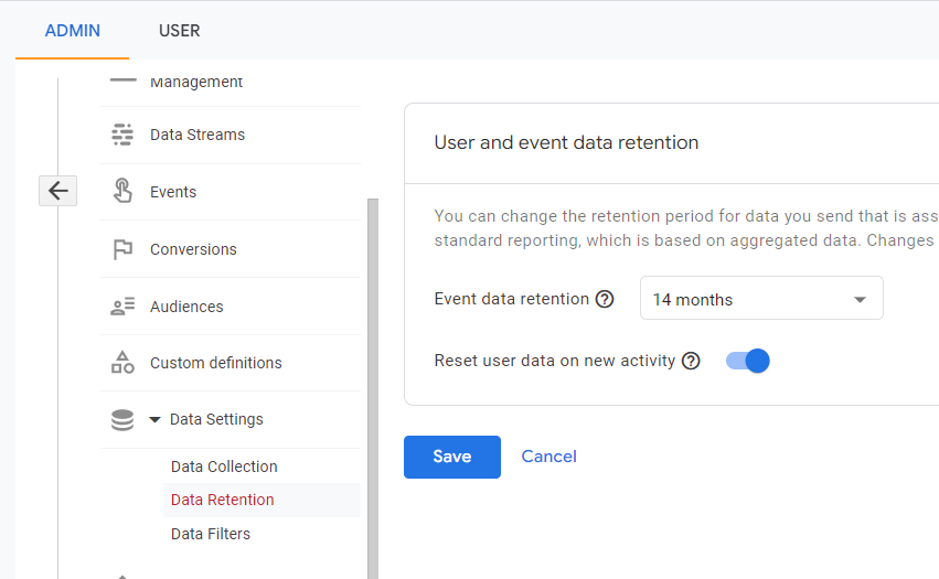 how to configure GA data retention for desktop software monitoring