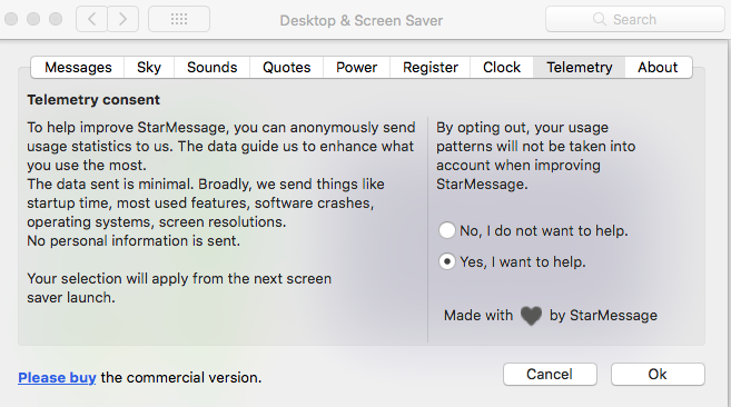 Telemetry consent Mac screensaver configuration and settings