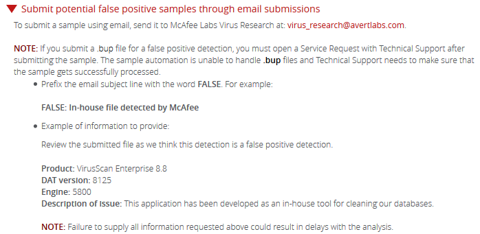 McAfee antivirus submit false positive sample