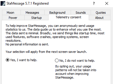 Example of telemetry consent from the StarMessage screensaver