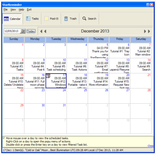 image of Calendar view of the task list and the upcoming alerts
